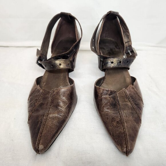 Fidji Womens Metallic Brown Leather Point Toe Heels Cross Straps Size 37.5 - Picture 3 of 10